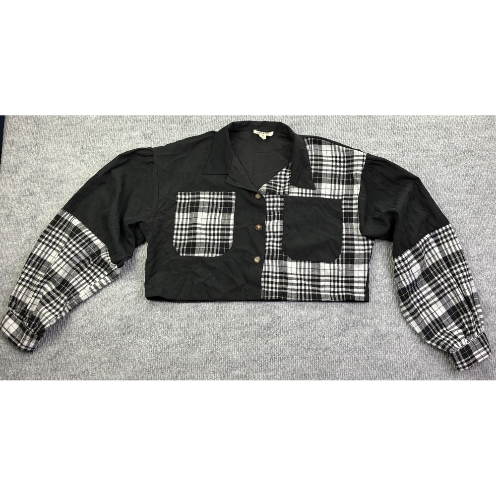 Fashion On Earth Women's Plaid Colorblock Crop Shirt S Puff Sleeve Button Up